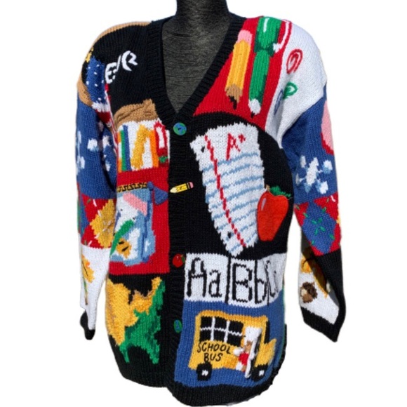 Vintage Sweaters - Vintage hand knit school teacher themed cardigan